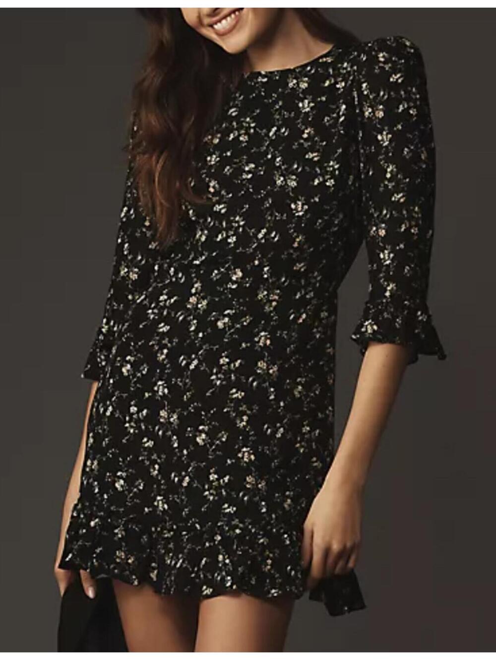REFORMATION Doutzen black floral long sleeve mini dress s 0
